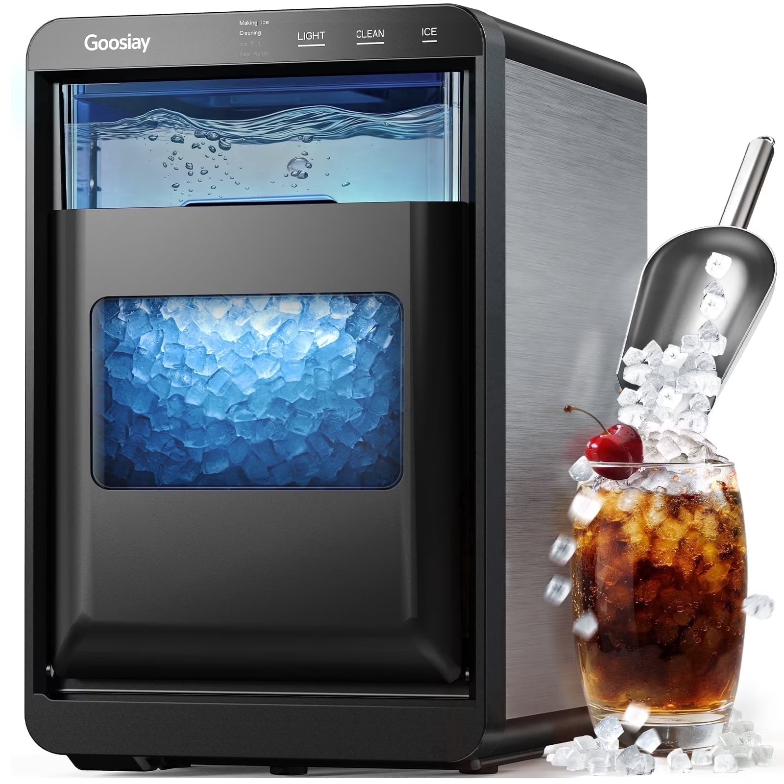 Nugget Ice Maker Countertop, 44Lbs per Day Portable Pebble Sonic Ice Machine with Soft Chewable Ice for Home, Kitchen, Office, RV, Camping, Stainless Steel, Black