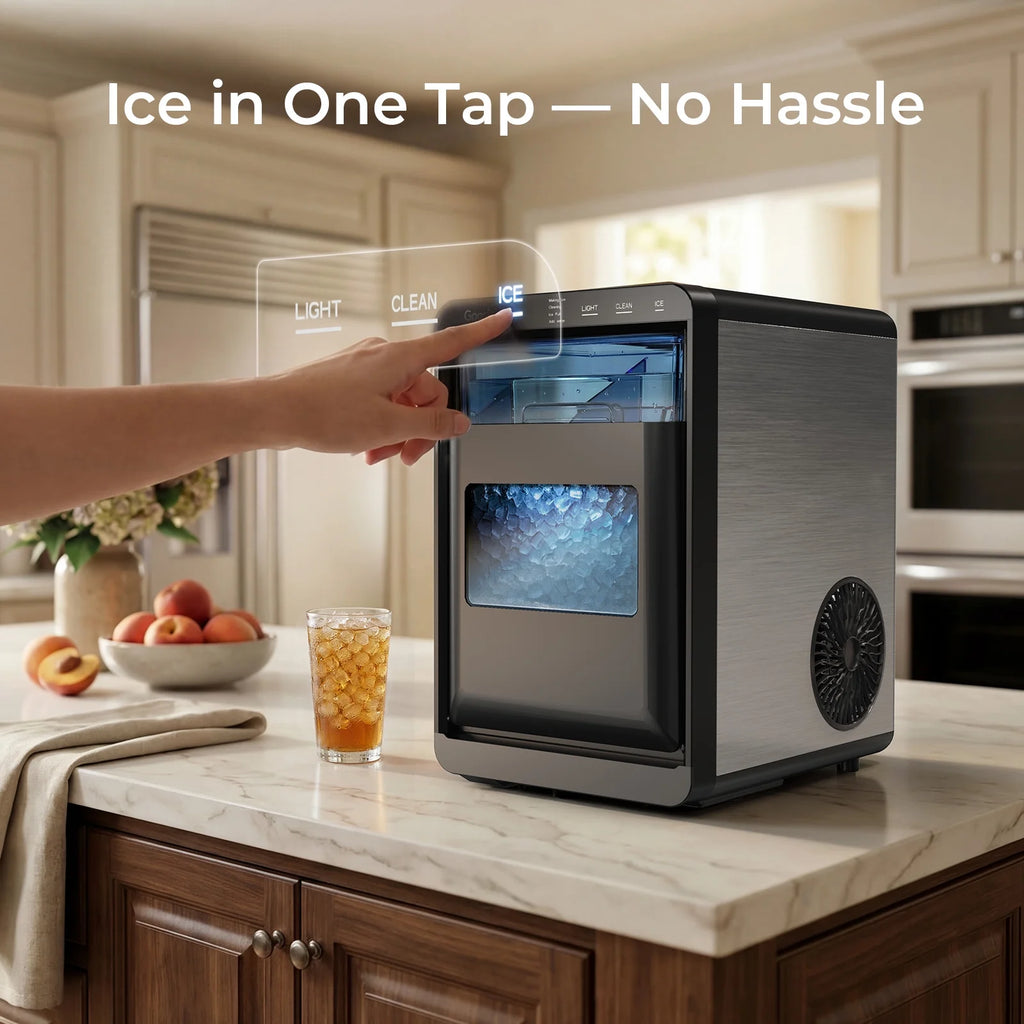 Nugget Ice Maker Countertop, 44Lbs per Day Portable Pebble Sonic Ice Machine with Soft Chewable Ice for Home, Kitchen, Office, RV, Camping, Stainless Steel, Black