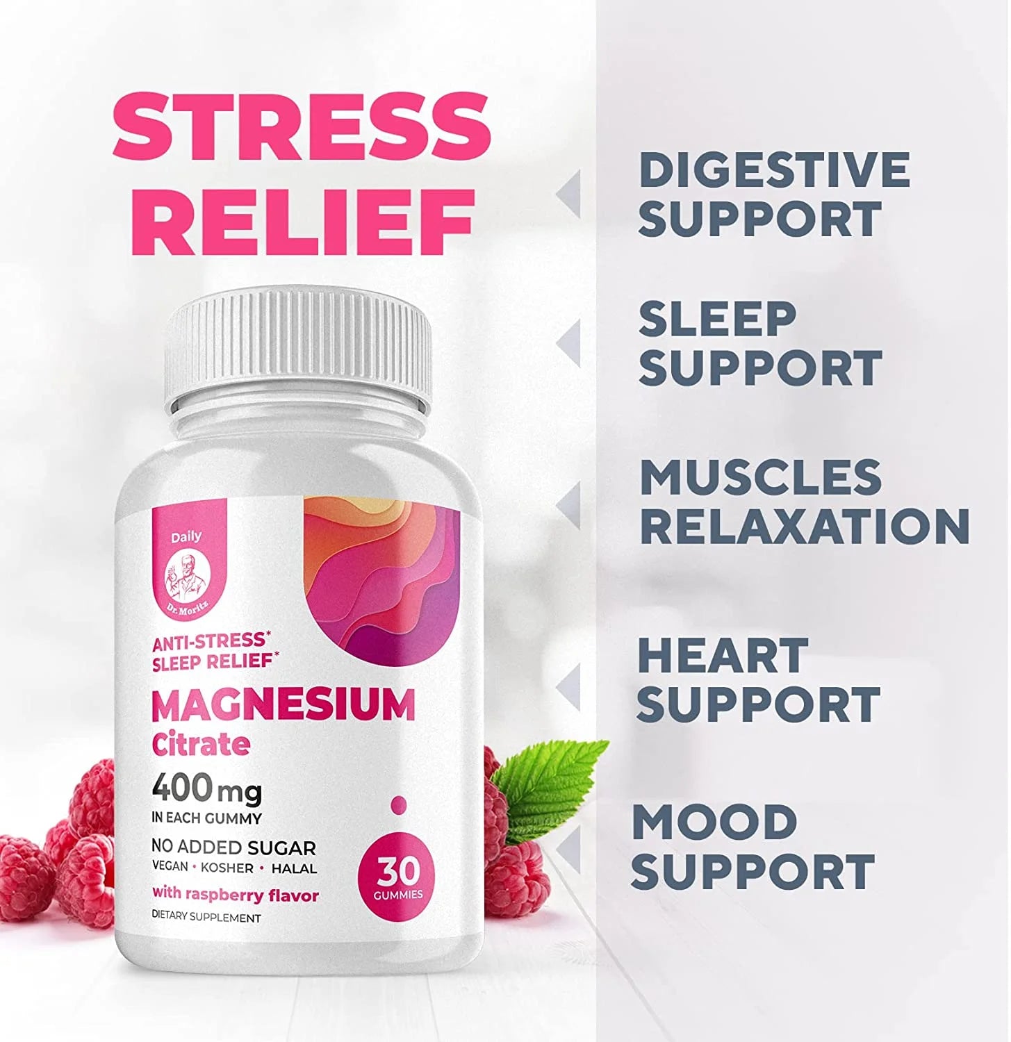 Magnesium Citrate Gummies, Sugar-Free Kids Stress Relief Gummies, Calm Magnesium Gummies Dietary Supplements Chews for Kids & Adults - 30 Count