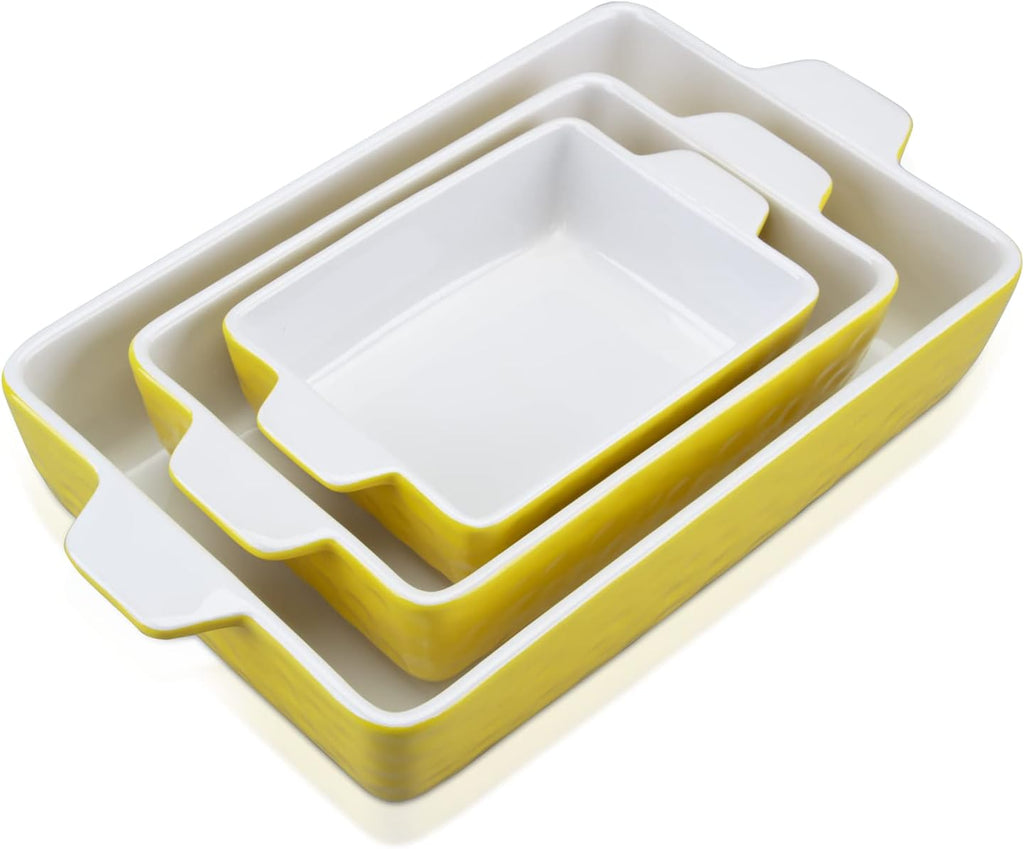 Ceramic Bakeware Set of 3 Piece, Rectangular Baking Pan Set, Porcelain Baking Pans Rectangular Casserole Pan for Cake, Lasagna, 11.7 X 8 X 2.7 Inches, Yellow