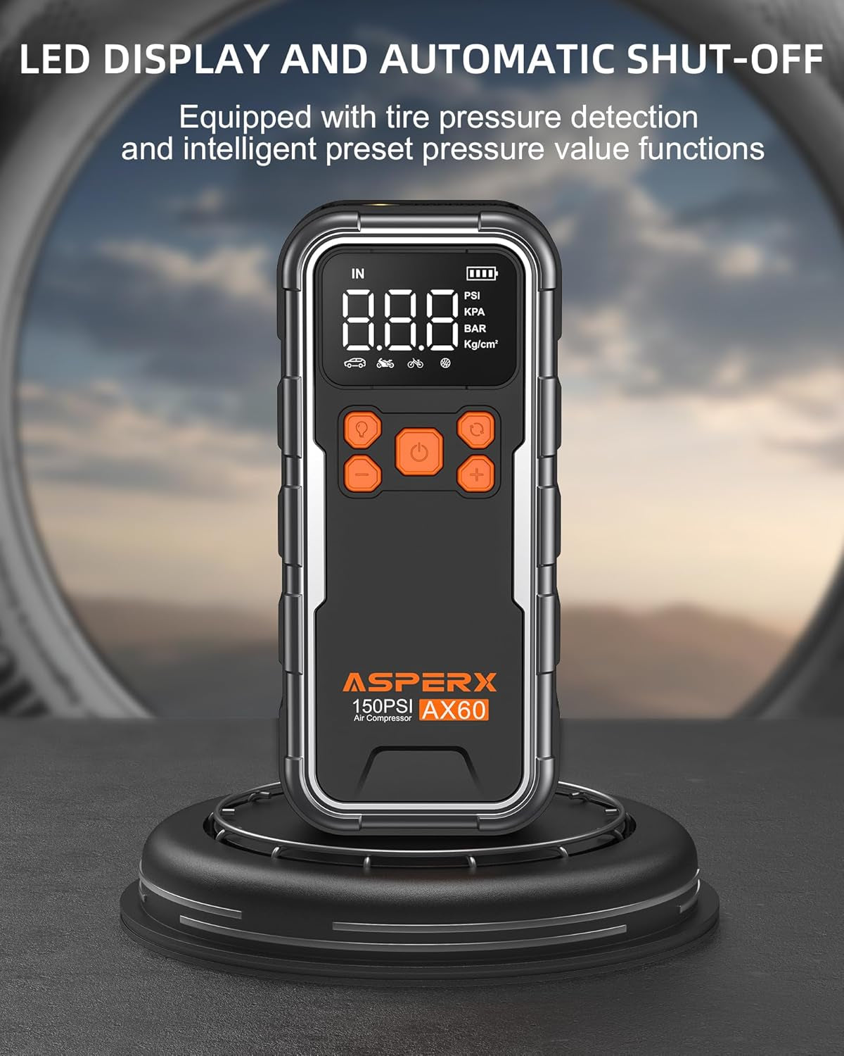 Portable Tire Inflator and Air Compressor, 150PSI Cordless Pump with Digital Pressure Gauge and Emergency LED Light for Cars, Motorcycles, and Sports Equipment