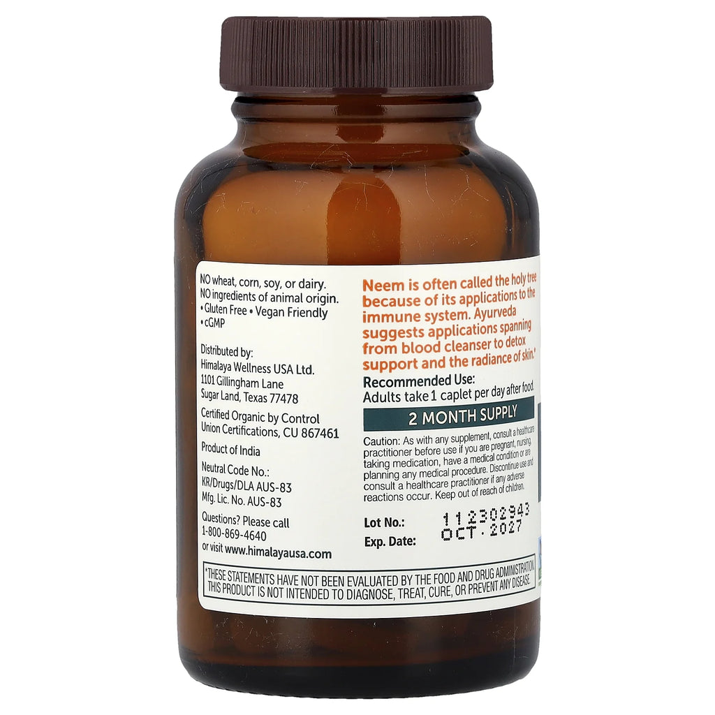Organic Neem Herbal Skin Supplement, Mild Acne Supplement, Clear Skin, Purifying, 60 Plant-Based Caplets