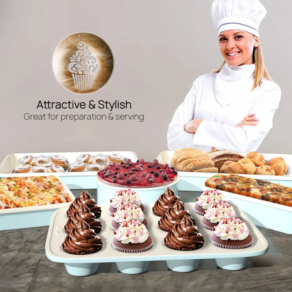 6 Piece Non Stick Kitchen Oven Stackable Ceramic Baking Pan Set, Green