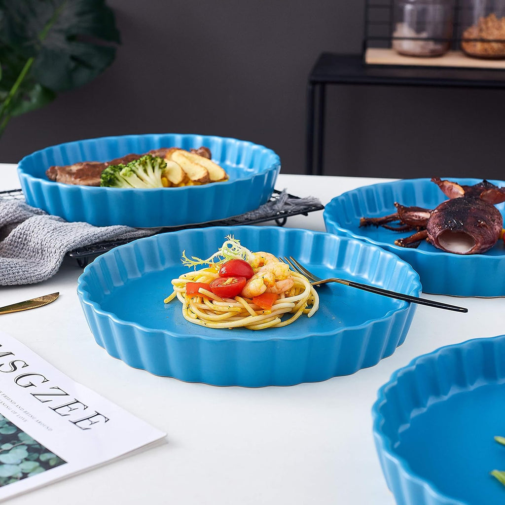 Ceramic Pie Pans Set of 4, Baking Dishes/Quiche Dish/Apple Pie/Tart. Oven Safe Nonstick Porcelain round Baking Plate/Pot/Tart Pan. 10"/ Blue