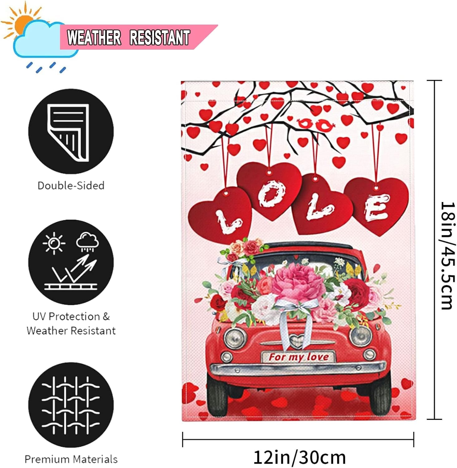 Valentines Day Garden Flag 12 X 18 Inch Double Sided Valentine Burlap Yard Flags Red Truck with Flower Love Heart Tree Small House Flags Spring Outdoor Valentine'S Day Decorations