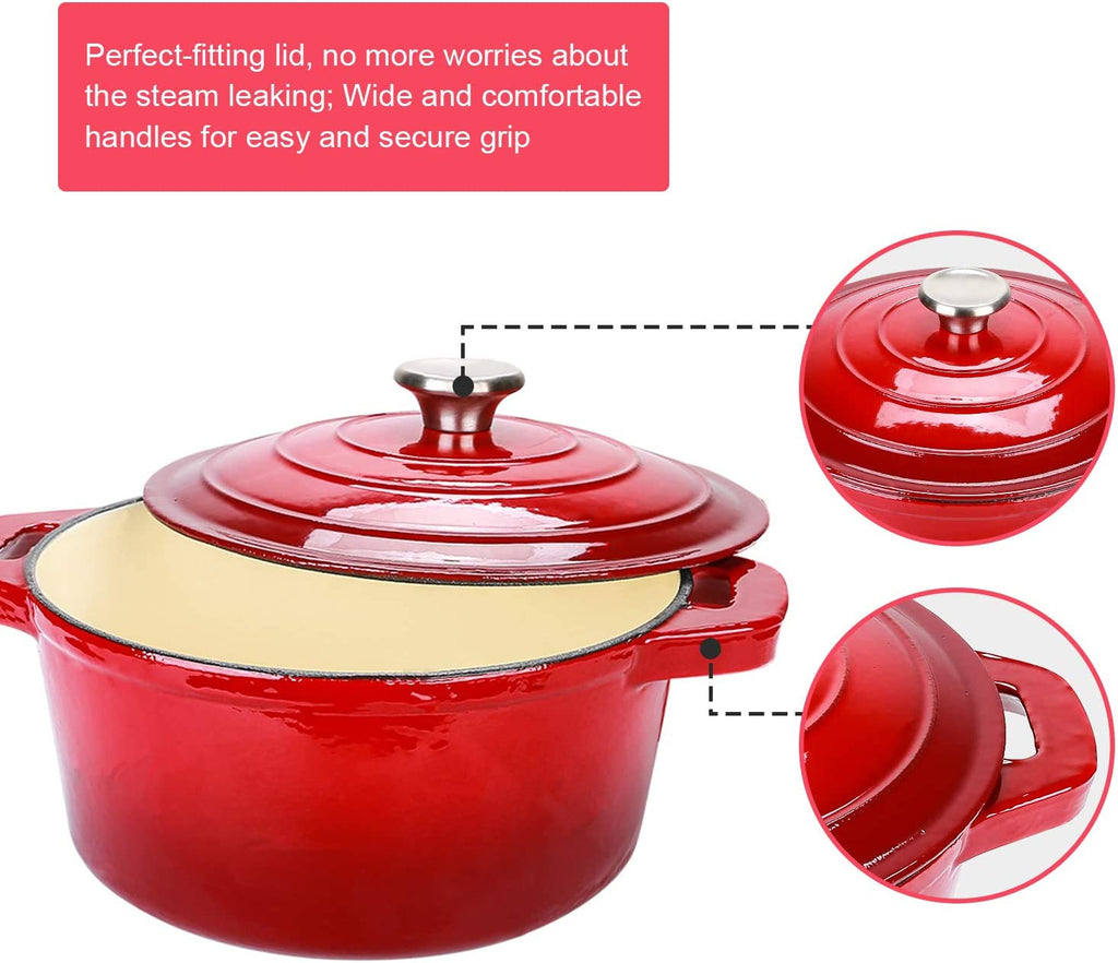 5.5 Quart Enameled Cast Iron Dutch Oven with Lid, 5.5 QT Deep round Dutch Oven Pot with Dual Handles -Red