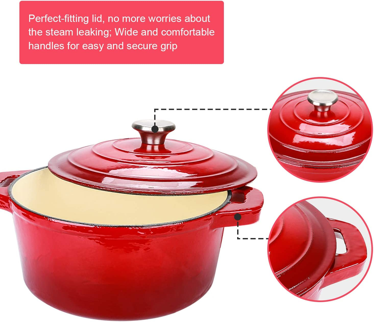 5.5 Quart Enameled Cast Iron Dutch Oven with Lid, 5.5 QT Deep round Dutch Oven Pot with Dual Handles -Red