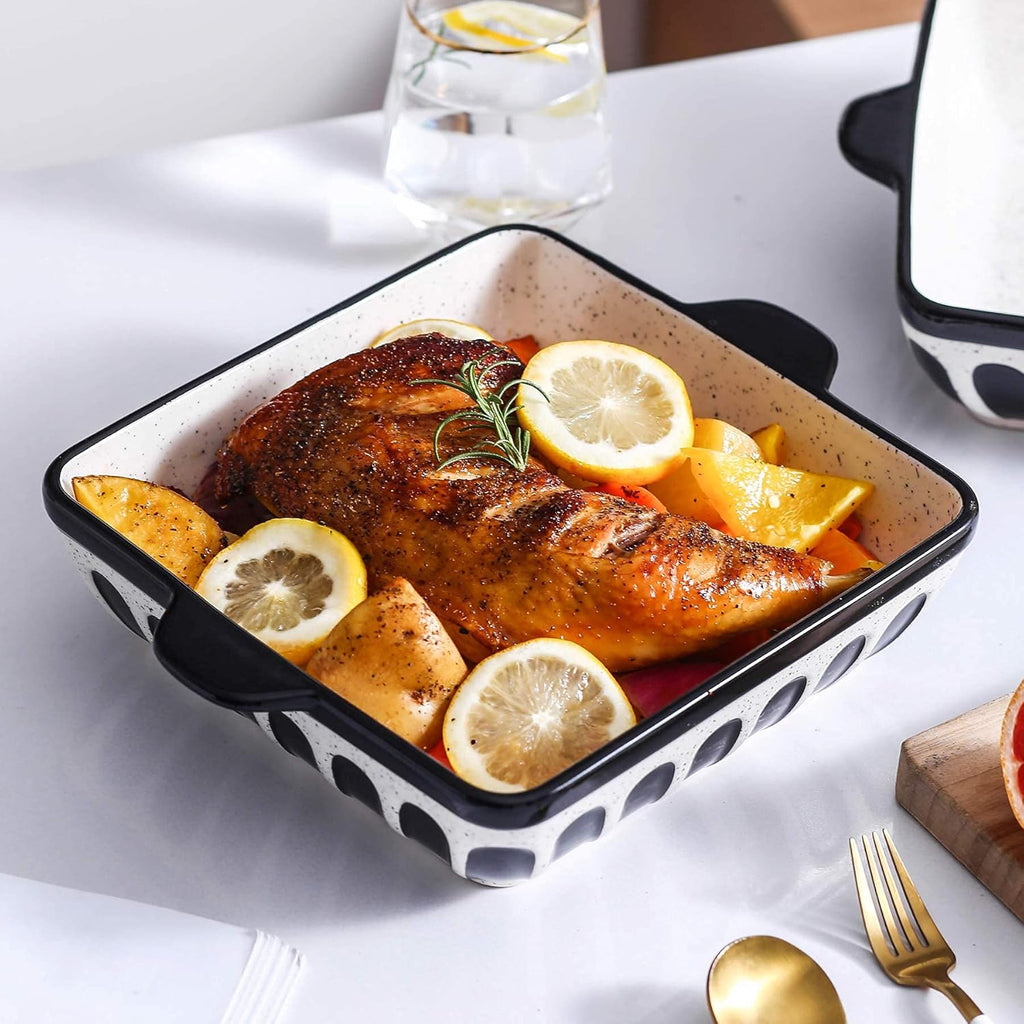 Porcelain Cake Pan Baking Dish 8.7 Inch Baker Square Brownie Pan with Double Handle for Casseroles Lasagna, Black