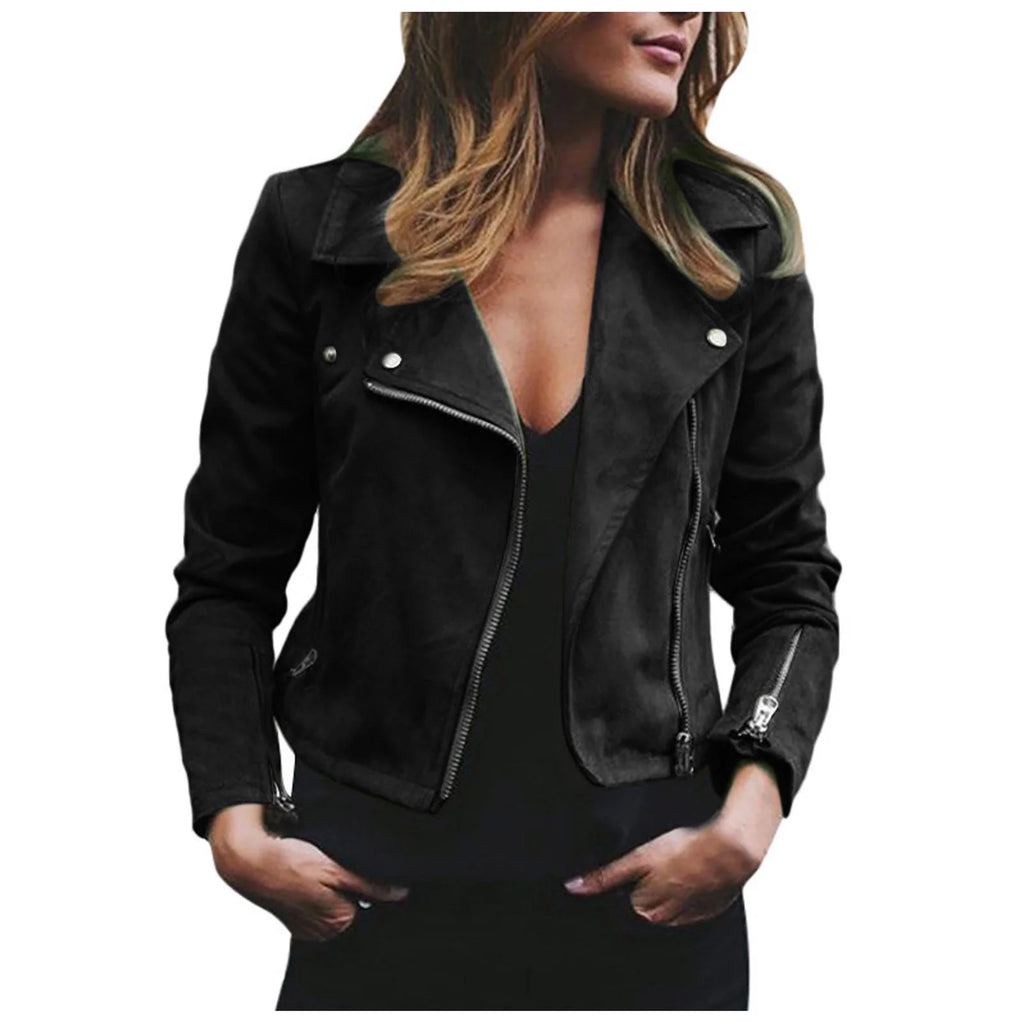 Women'S PU Leather Short Zipper Jacket Women'S plus Fashion Top Long Sleeve Hoodless Slim Solid Female Outwear Black 4
