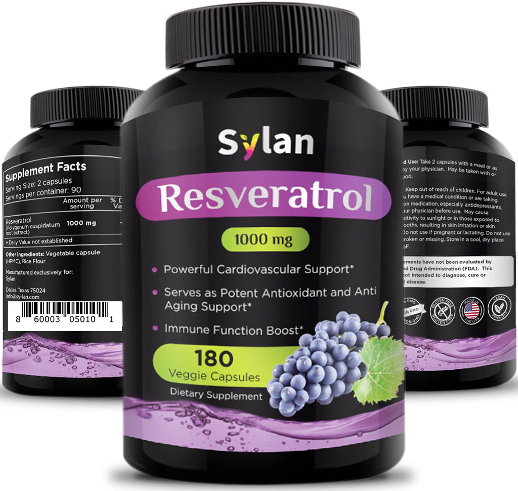 Trans Resveratrol Supplement 1000Mg Polyphenols Supplement 180 Capsules Veggie Non-Gmo Made in USA