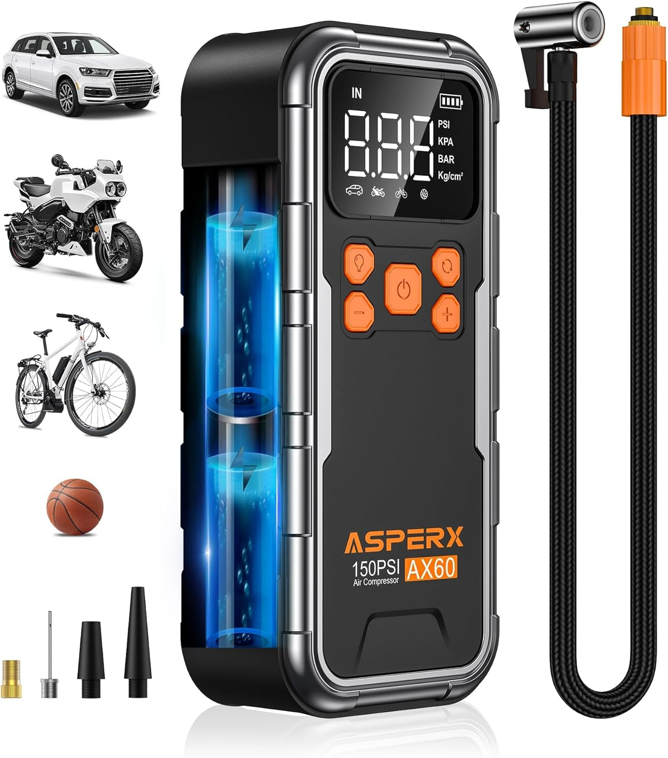 Portable Tire Inflator and Air Compressor, 150PSI Cordless Pump with Digital Pressure Gauge and Emergency LED Light for Cars, Motorcycles, and Sports Equipment