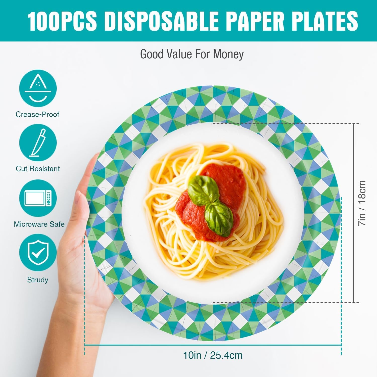 Paper Plates Bulk, 10 Inch Large Paper Plates, 100Pcs Disposable Paper Plates, Blue Paper Plates for Parties and Daily Use, Soak Proof, Cut Proof, Green Printed