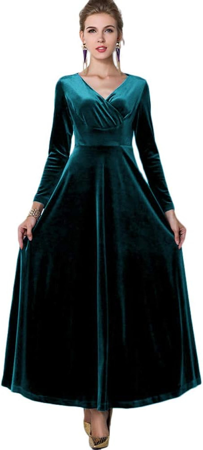 Women Long Sleeve V-Neck Velvet Stretchy Long Dress