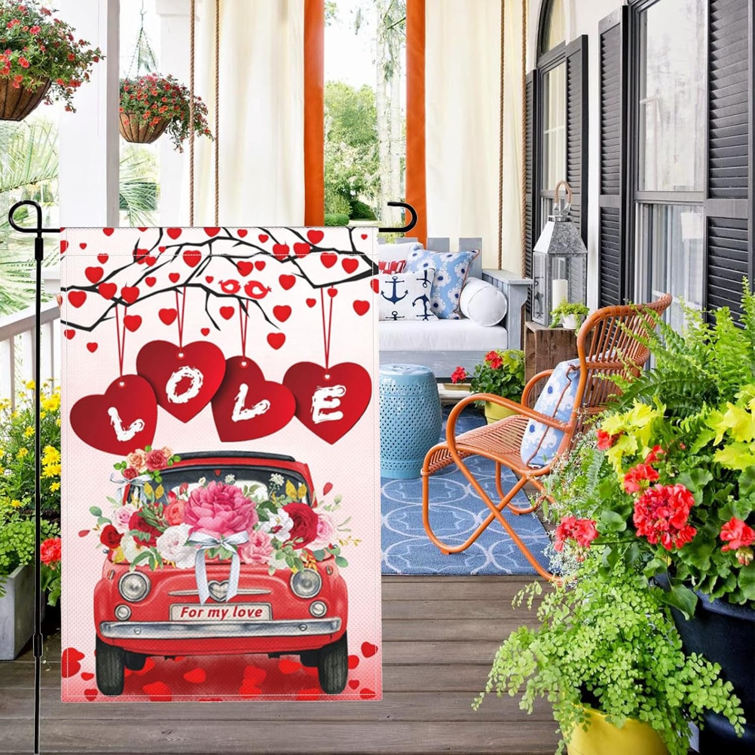 Valentines Day Garden Flag 12 X 18 Inch Double Sided Valentine Burlap Yard Flags Red Truck with Flower Love Heart Tree Small House Flags Spring Outdoor Valentine'S Day Decorations
