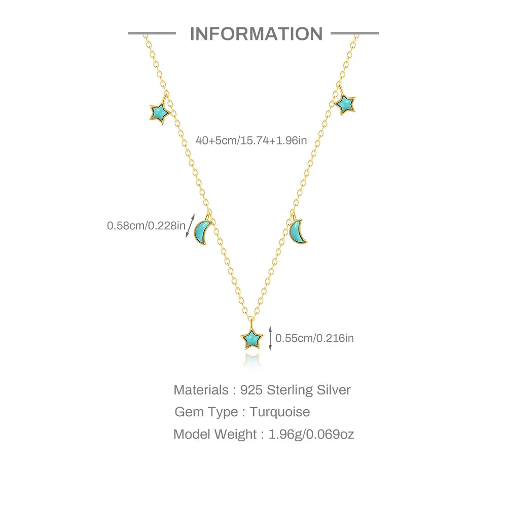 Retro 925 Sterling Silver 18K Gold Plated Necklace for Women Blue Turquoise Geometric Moon Star Pendant Clavicle Chain Jewe