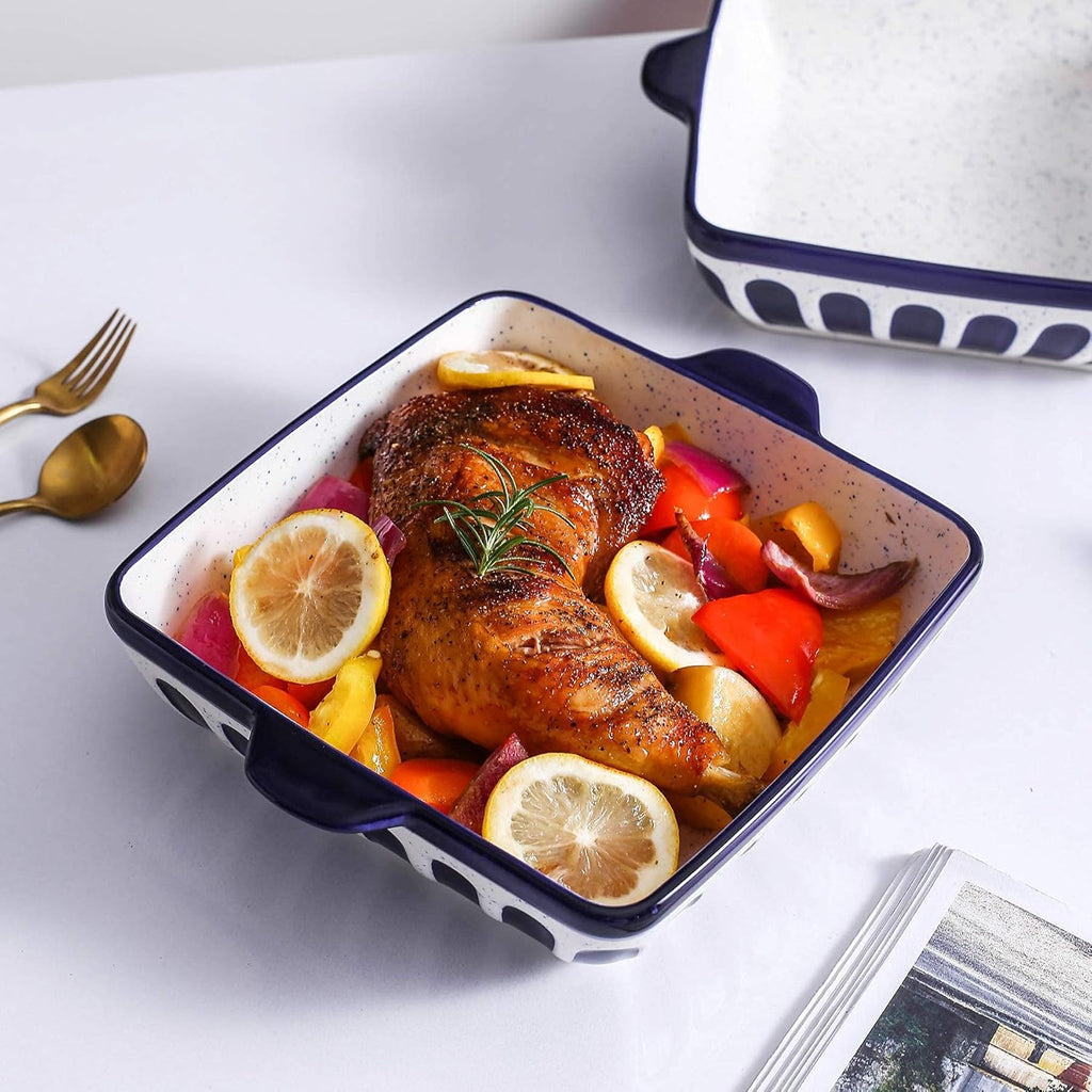 Porcelain Baking Dish 8.7 Inch Square Baking Pan Cake Pan Bakeware with Double Handle for Kitchen Cooking, Dark Blue
