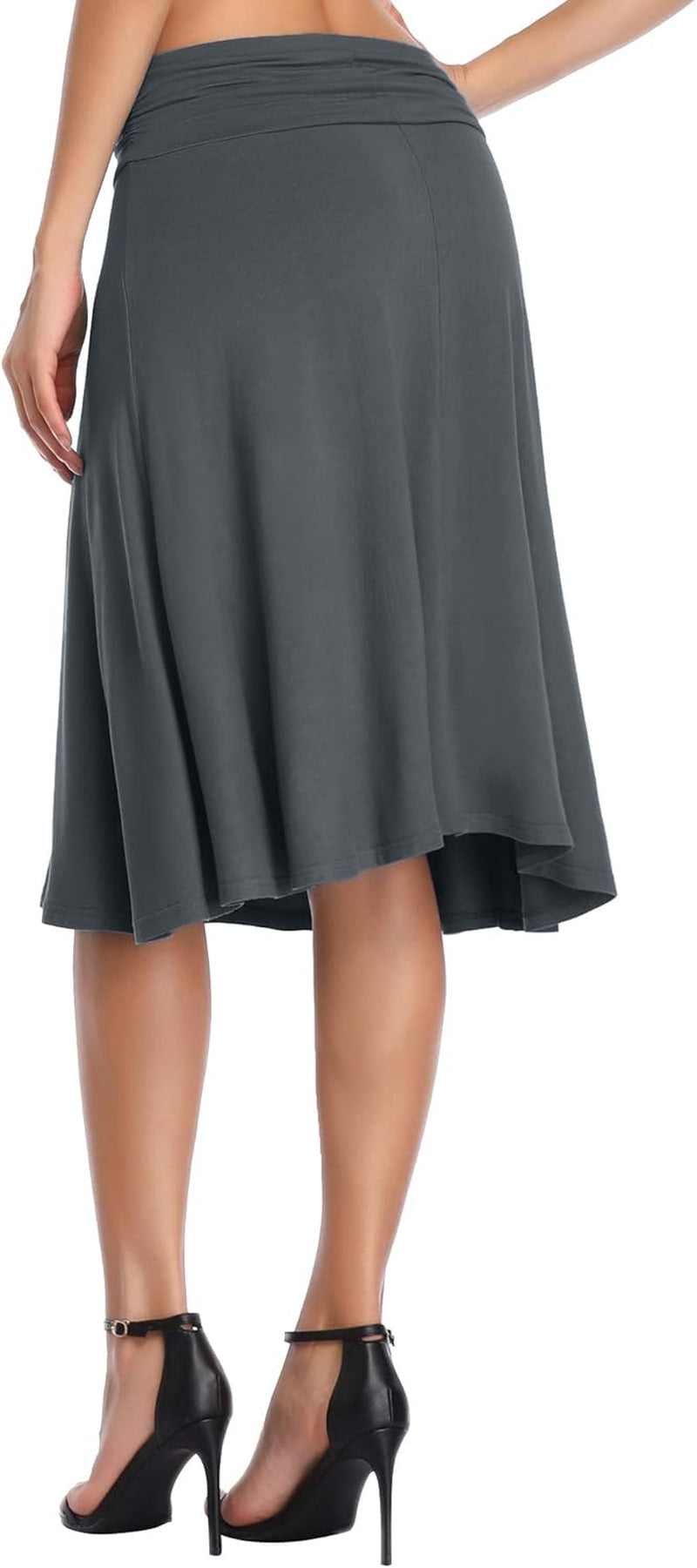 Women'S Ruched High Waist Knee Length Jersey A-Line Stretchy Flared Casual Skirt