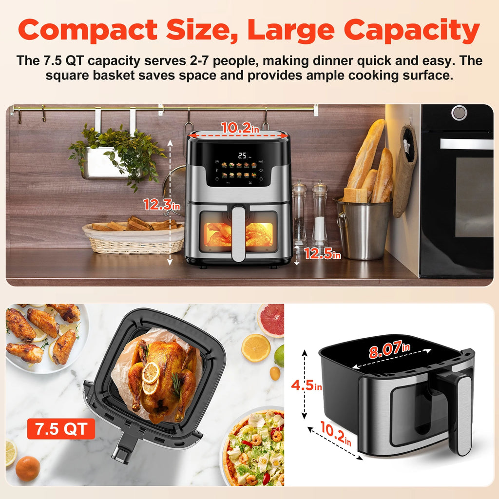 Air Fryer Oven, 10-In-1 7.5Qt Multifunction Air Fryer with Digital LED Touch Screen, 10 Preset Cookings, Dishwasher-Safe Basket, 95% Less Oil, Nonstick Dishwasher-Safe Basket, 100Pcs Liner