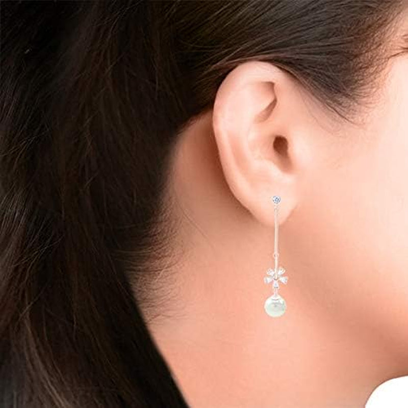 Sterling Silver Shell Pearl Earrings with Cubic Zirconia Flower Dangle Drop Stud Earrings for Women