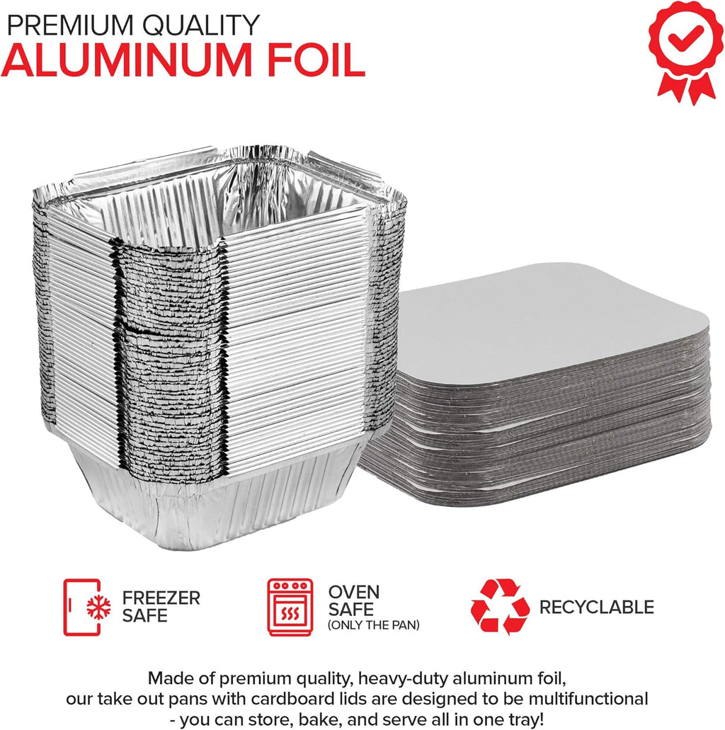 1 Lb Aluminum Disposable Cookware with Lids (25 Pack) - Foil Pans Cardboard Lids - Disposable & Recyclable Takeout Trays with Lids - Food Containers for Restaurants, Catering, Delis