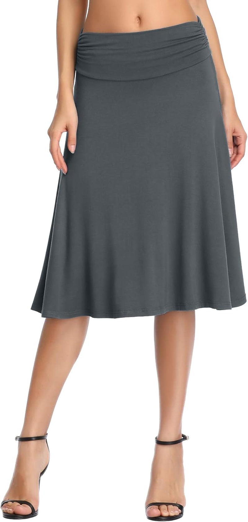 Women'S Ruched High Waist Knee Length Jersey A-Line Stretchy Flared Casual Skirt