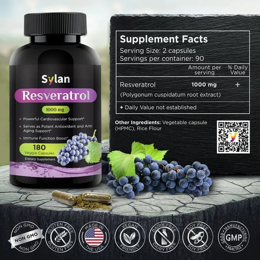 Trans Resveratrol Supplement 1000Mg Polyphenols Supplement 180 Capsules Veggie Non-Gmo Made in USA