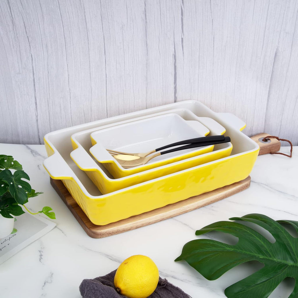 Ceramic Bakeware Set of 3 Piece, Rectangular Baking Pan Set, Porcelain Baking Pans Rectangular Casserole Pan for Cake, Lasagna, 11.7 X 8 X 2.7 Inches, Yellow