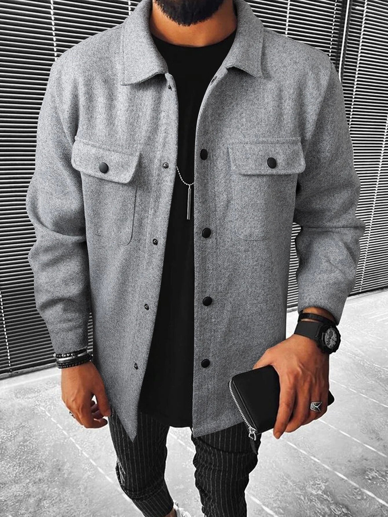 Manfinity Homme Men Button Front Flap Pocket Overcoat Going Out Casual Overcoat for Friends