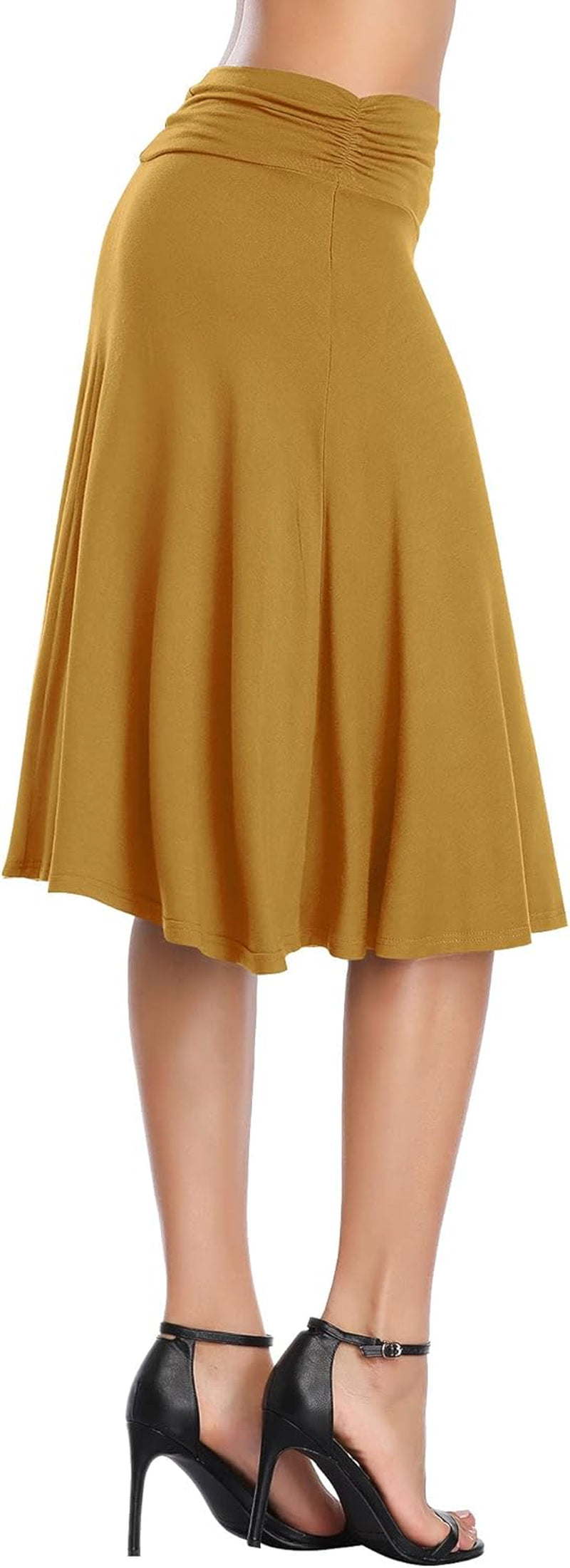 Women'S Ruched High Waist Knee Length Jersey A-Line Stretchy Flared Casual Skirt