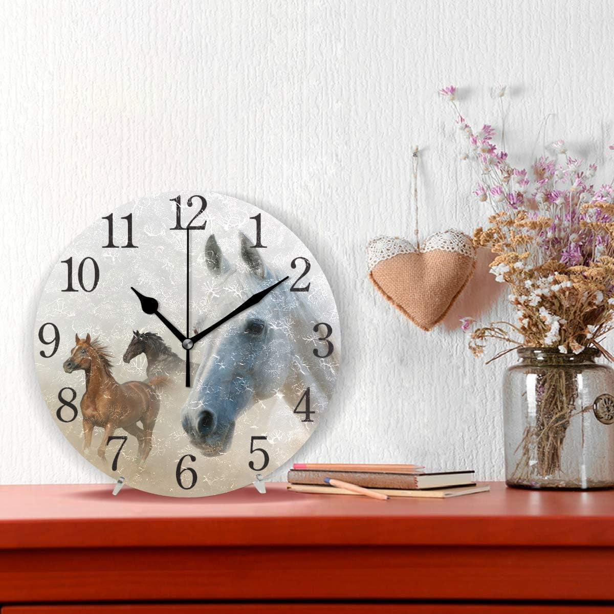 Wall Clock Silent 9.5 Inch Battery Operated Non Ticking round Decorative Acrylic Quiet Clocks for Bedroom Office School Home (2 Horses)…