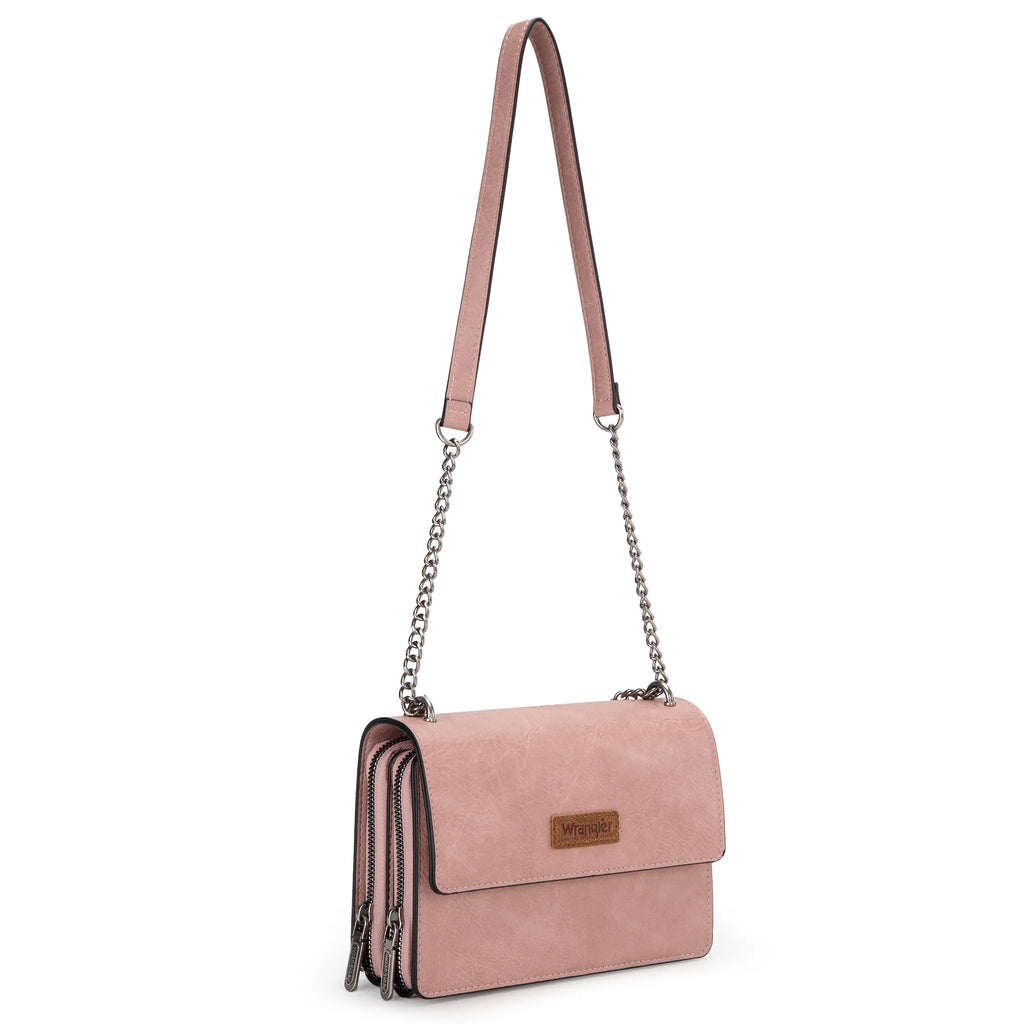 Wrangler Flap Crossbody Purse for Women Small Shoulder Bag with Chain Strap, Pink