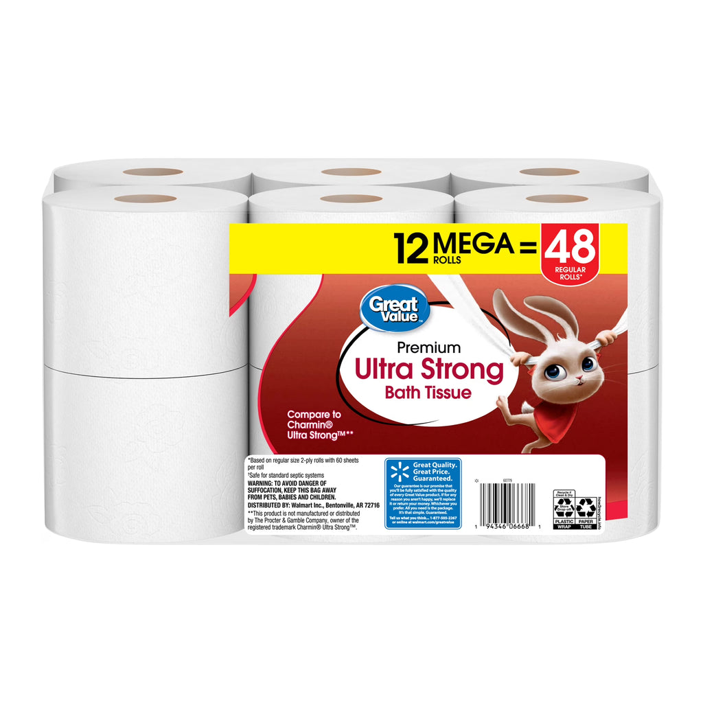 Ultra Strong 2-Ply Toilet Paper, 12 Mega Rolls, Compare to Charmin® Ultra Strong™