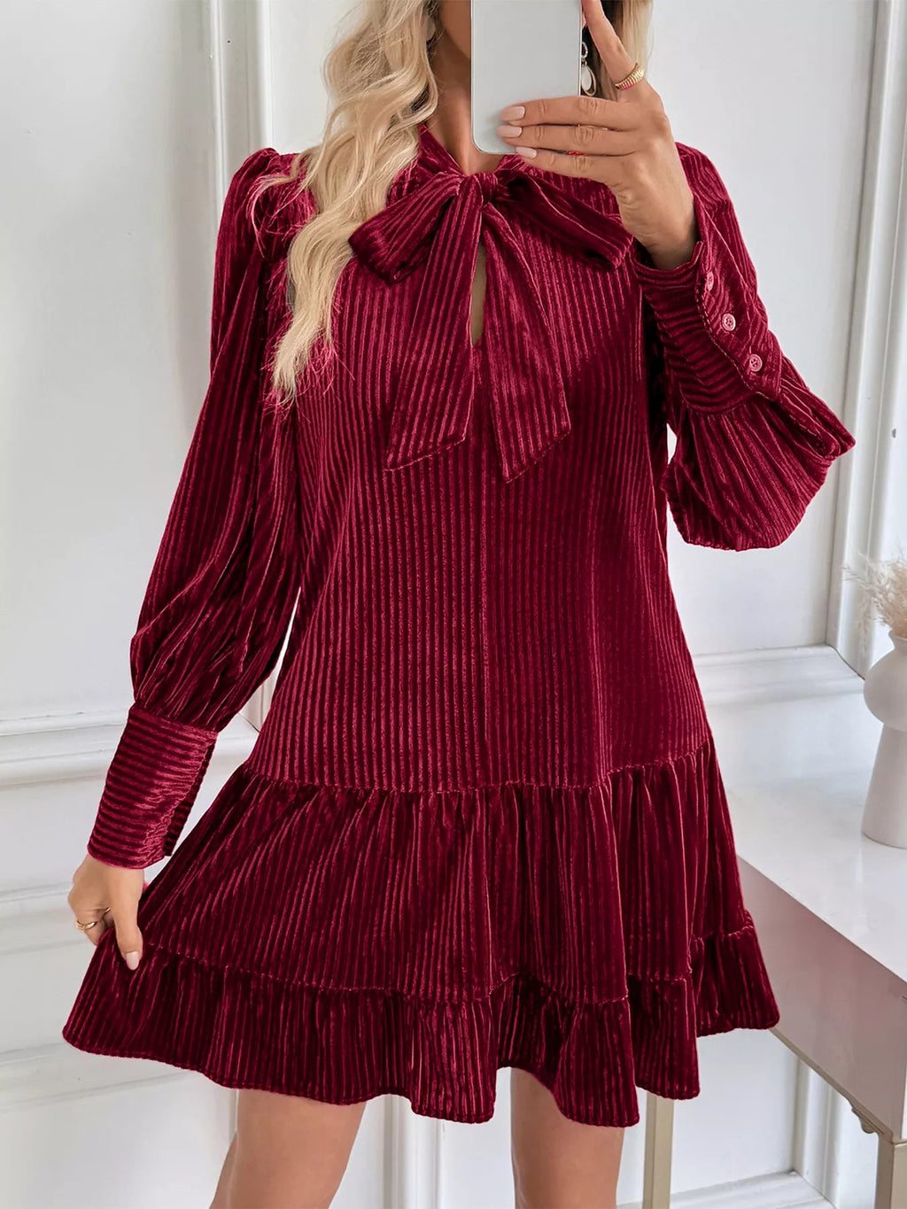Velvet Tie Front Tiered Mini Dress