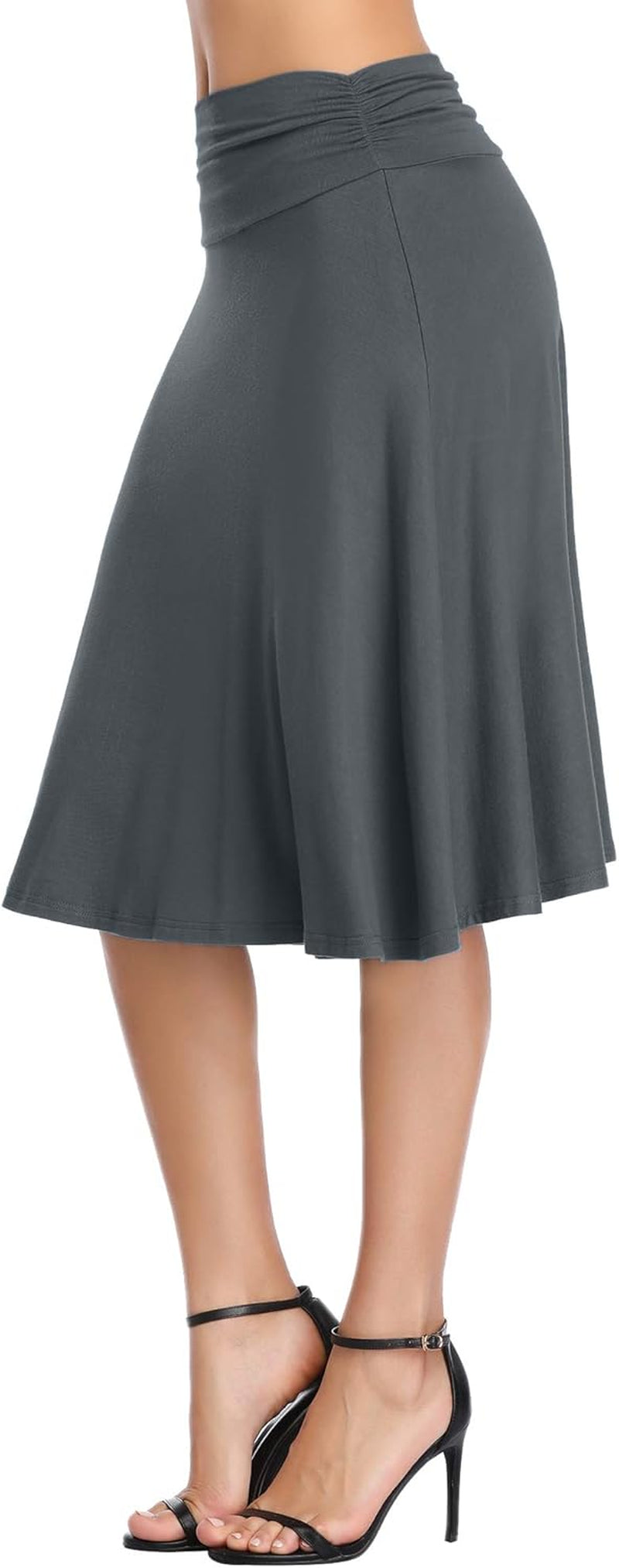 Women'S Ruched High Waist Knee Length Jersey A-Line Stretchy Flared Casual Skirt