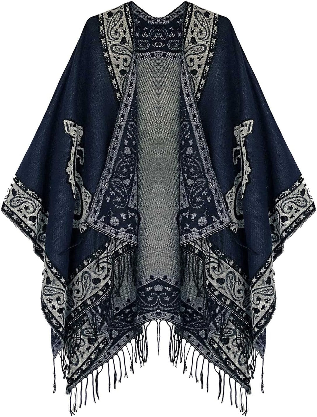 Women'S Retro Style Vintage Pattern Tassel Poncho Shawl Cape Wraps for Women