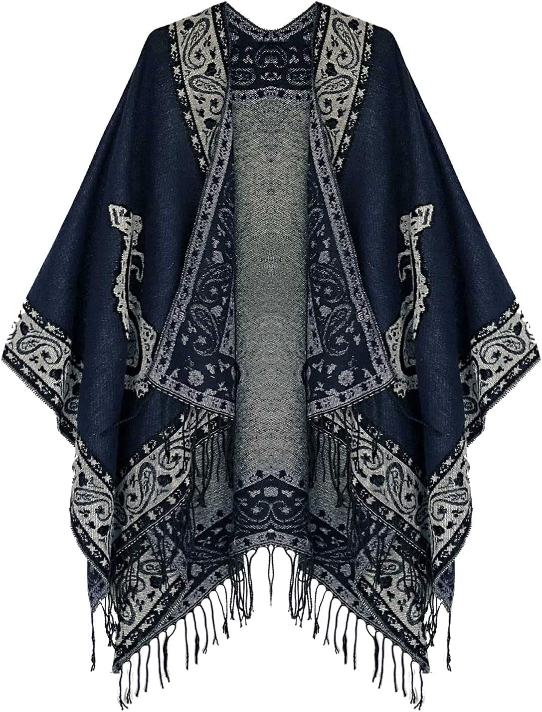 Women'S Retro Style Vintage Pattern Tassel Poncho Shawl Cape Wraps for Women