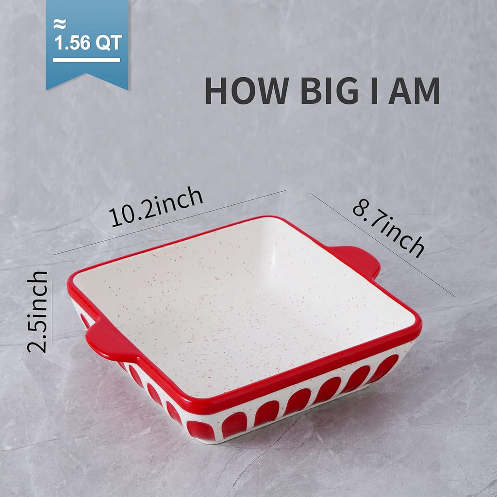 Square Baking Dish 8.7 Inch Ceramic Brownie Baking Pan Cake Pan Baker with Double Handle, Red