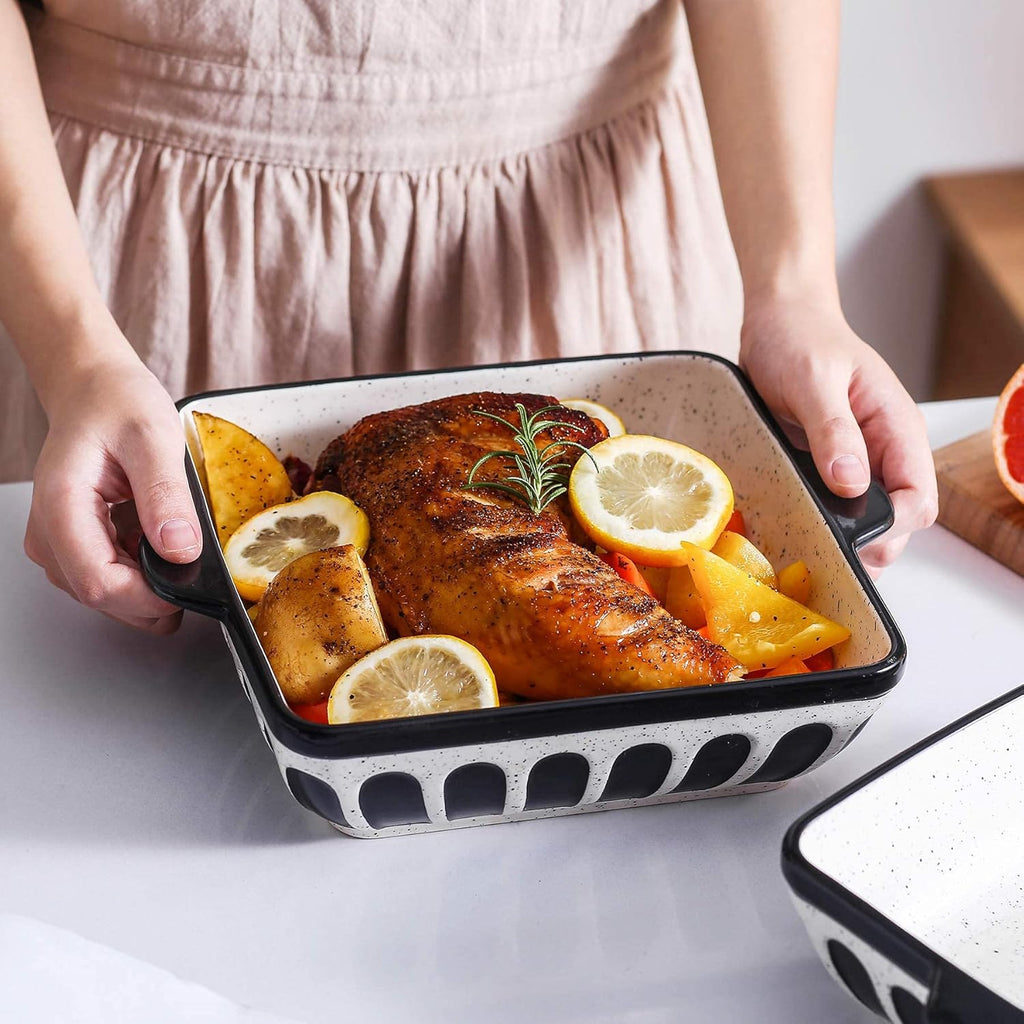 Porcelain Cake Pan Baking Dish 8.7 Inch Baker Square Brownie Pan with Double Handle for Casseroles Lasagna, Black