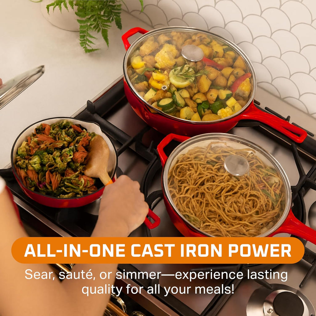 Enameled Cast Iron Skillet Set of 3-8, 10, and 12-Inch Non Stick Frying Pans with Tempered Glass Lids - Versatile Cast Iron Cookware Set for Casserole - Grill Pan for All Stovetops - Red