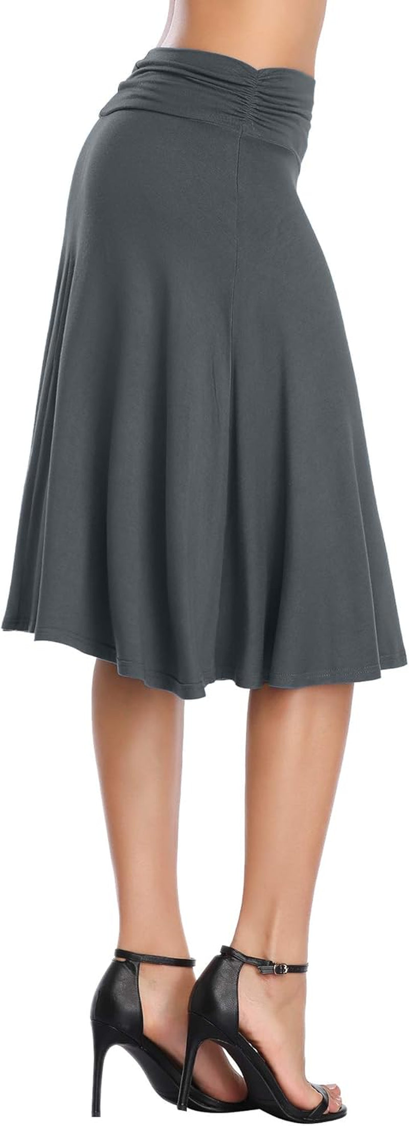 Women'S Ruched High Waist Knee Length Jersey A-Line Stretchy Flared Casual Skirt