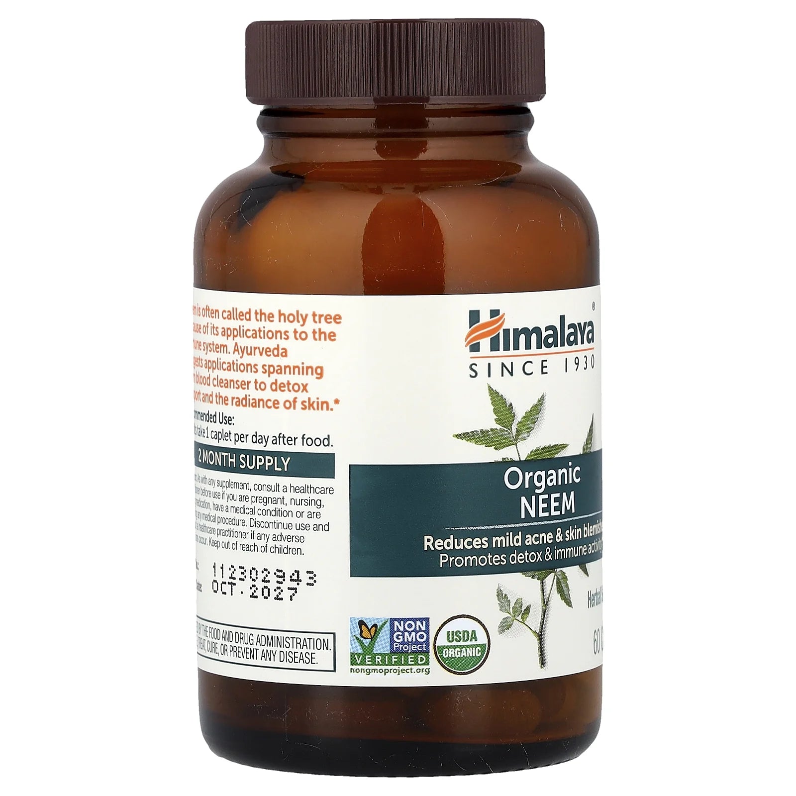 Organic Neem Herbal Skin Supplement, Mild Acne Supplement, Clear Skin, Purifying, 60 Plant-Based Caplets