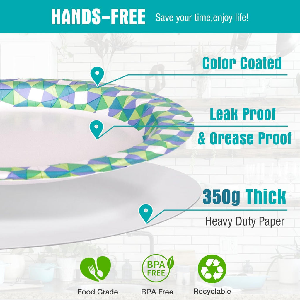 Paper Plates Bulk, 10 Inch Large Paper Plates, 100Pcs Disposable Paper Plates, Blue Paper Plates for Parties and Daily Use, Soak Proof, Cut Proof, Green Printed