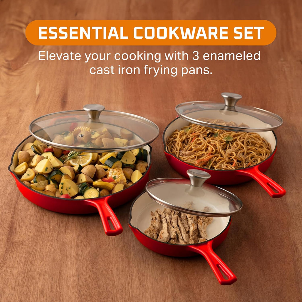 Enameled Cast Iron Skillet Set of 3-8, 10, and 12-Inch Non Stick Frying Pans with Tempered Glass Lids - Versatile Cast Iron Cookware Set for Casserole - Grill Pan for All Stovetops - Red