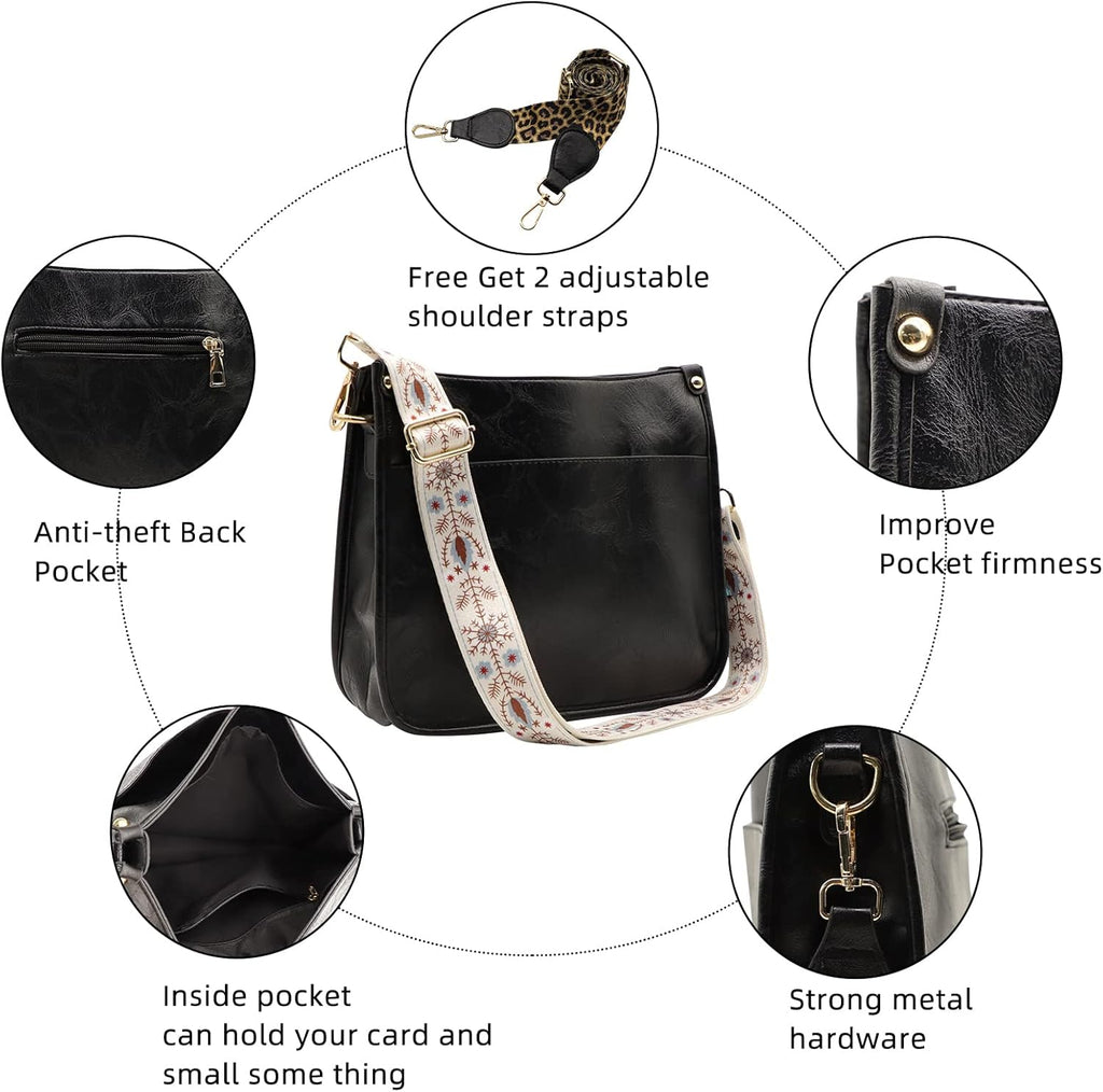 Vegan Leather Purse Medium Size Crossbody Bags for Women with Leopard Guitar Strap