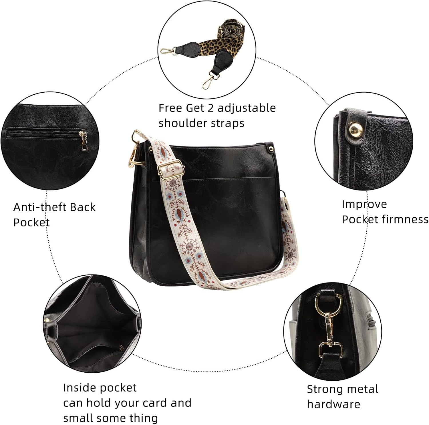 Vegan Leather Purse Medium Size Crossbody Bags for Women with Leopard Guitar Strap