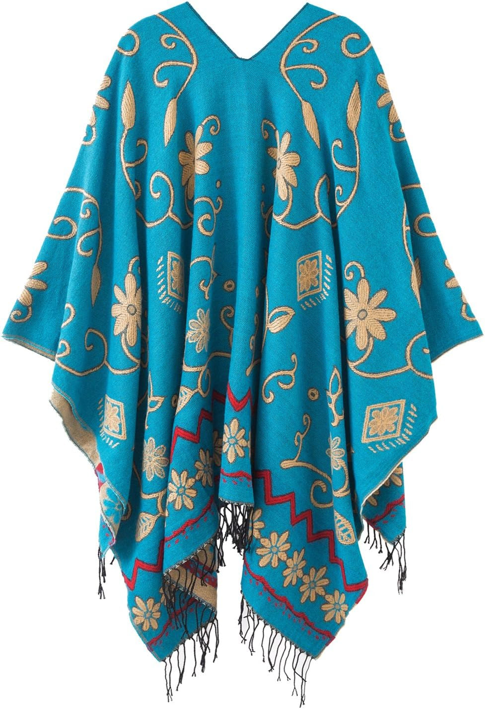 Women'S Retro Style Vintage Pattern Tassel Poncho Shawl Cape Wraps for Women