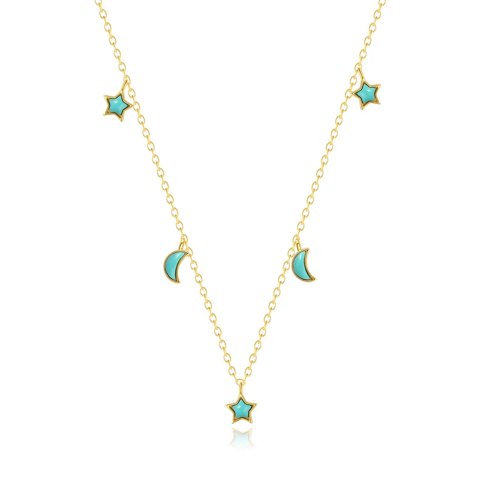 Retro 925 Sterling Silver 18K Gold Plated Necklace for Women Blue Turquoise Geometric Moon Star Pendant Clavicle Chain Jewe