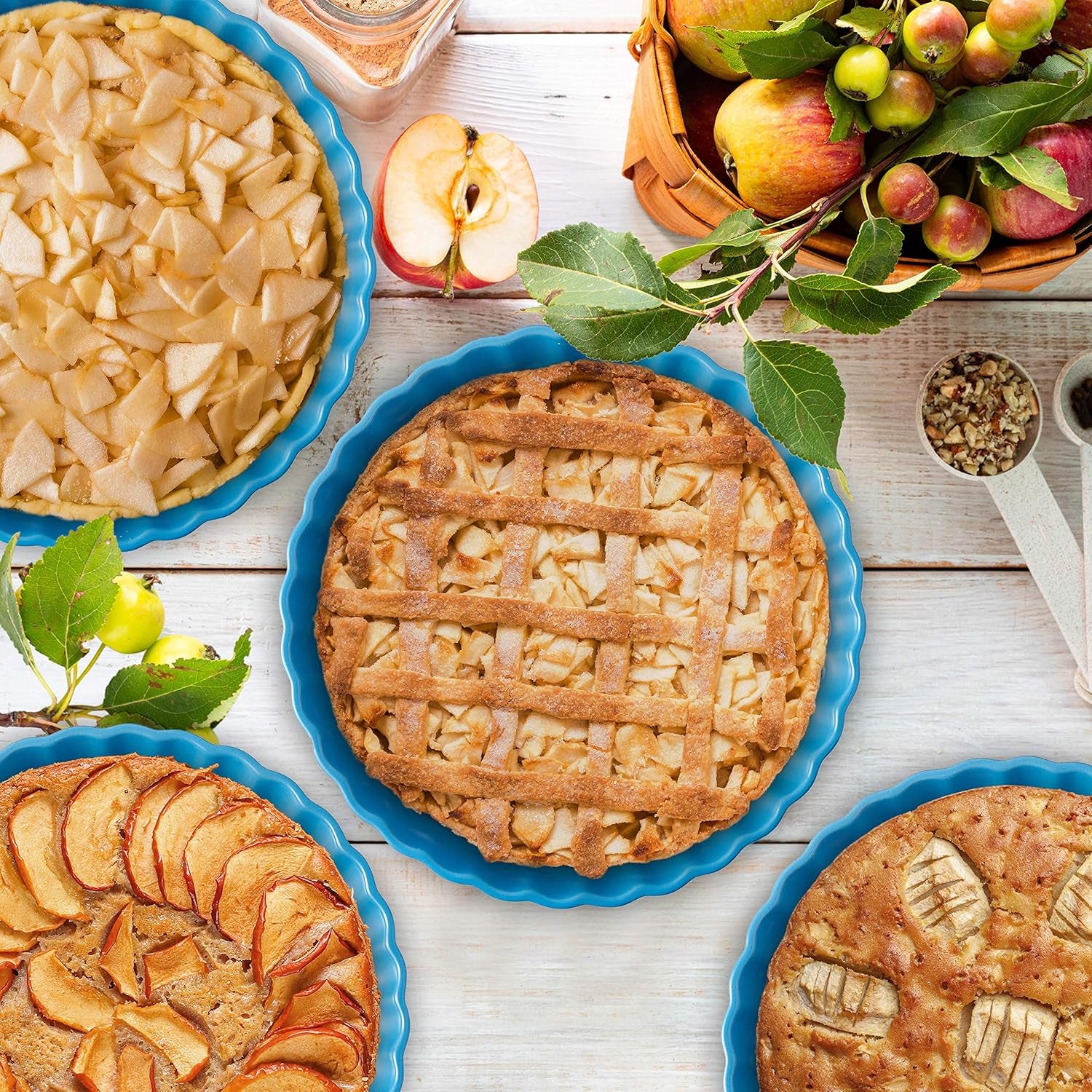 Ceramic Pie Pans Set of 4, Baking Dishes/Quiche Dish/Apple Pie/Tart. Oven Safe Nonstick Porcelain round Baking Plate/Pot/Tart Pan. 10"/ Blue