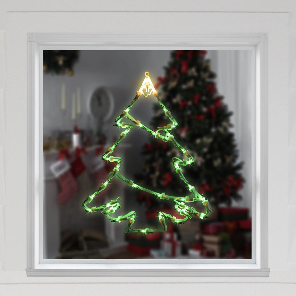 Lighted Christmas Tree Window Silhouette Decoration - 15" - Green and Yellow Lights