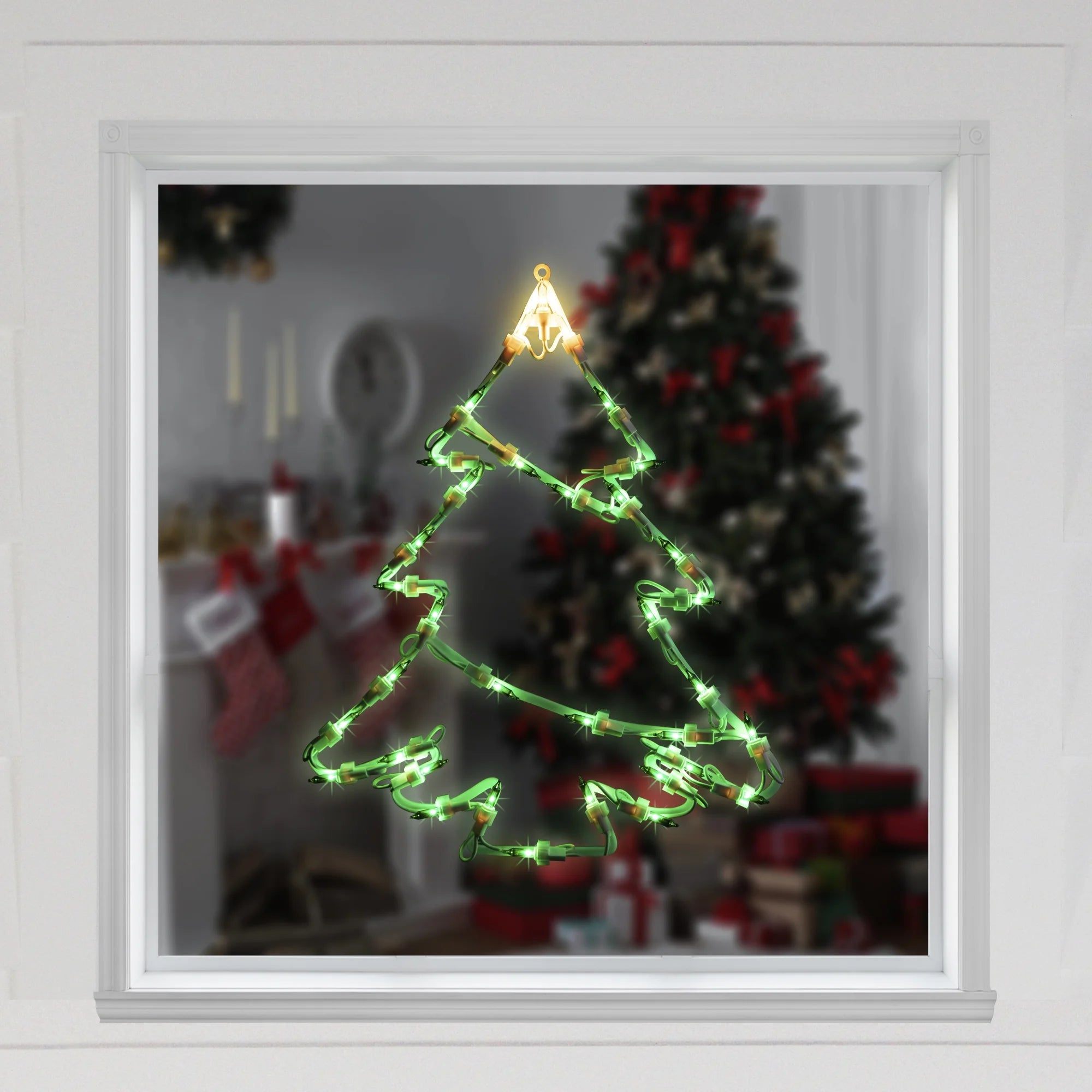 Lighted Christmas Tree Window Silhouette Decoration - 15" - Green and Yellow Lights